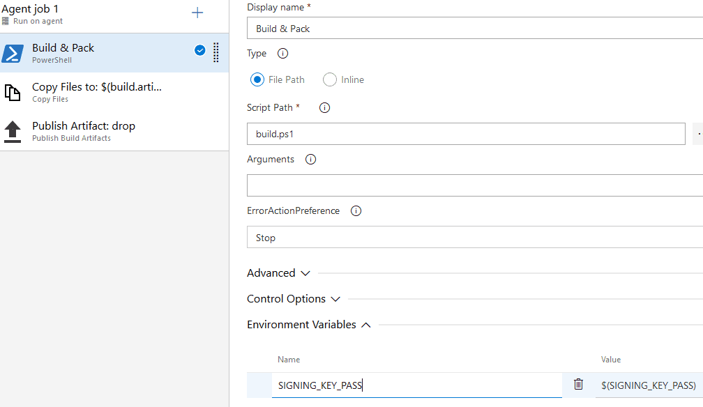 Screenshot of the Azure Pipeline Variable being mapped