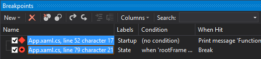 Visual Studio breakpoints window