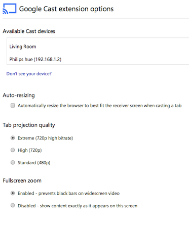 Chrome Cast extension options