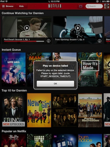 Netflix + iPad showing connect error