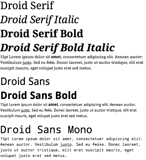 Screen shot of the Droid fonts in Mac OS X 10.5 via TextEdit.