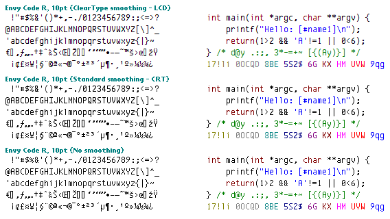 Envy Code R preview 3 at 10pt illustrating ClearType, standard and no smoothing.