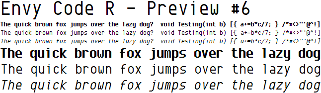 Envy Code R font in size 10 and size 20 showing bold, regular and italic variants.