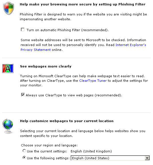 IE7 initial settings dialog