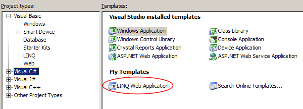 Window of the LINQ To SQL templates available