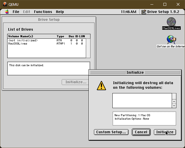 Screenshot of Mac OS 9 initializing a drive inside QEMU on Windows