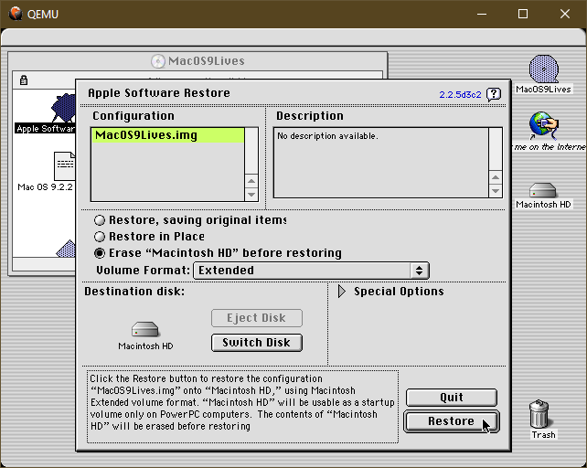 Screenshot of Mac OS 9 Apple Software Restore window inside QEMU on Windows