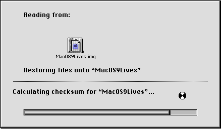 Screenshot of Mac OS 9 Apple Software Restore window inside QEMU on Windows