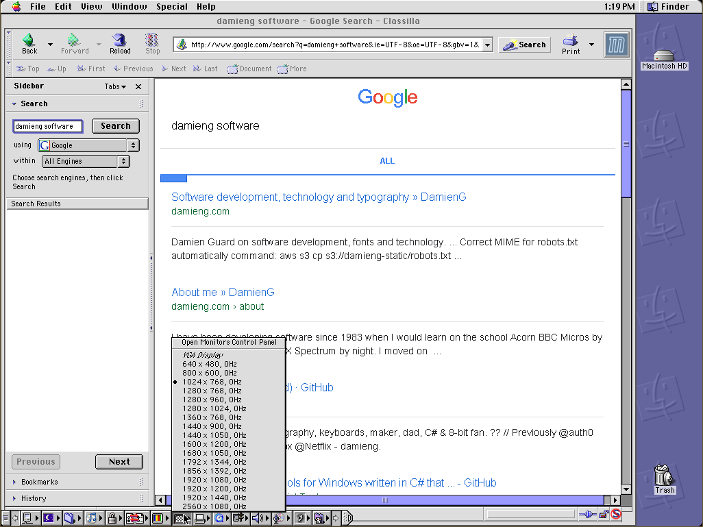 Screenshot of Classica browser searching for me and also showing quick-resolution switching on Mac OS 9 inside QEMU on Windows