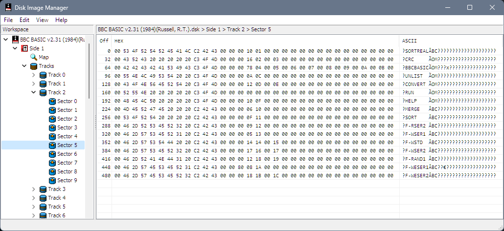 Screenshot of Disk Image Manager showing a FAT at track 2 sector 5