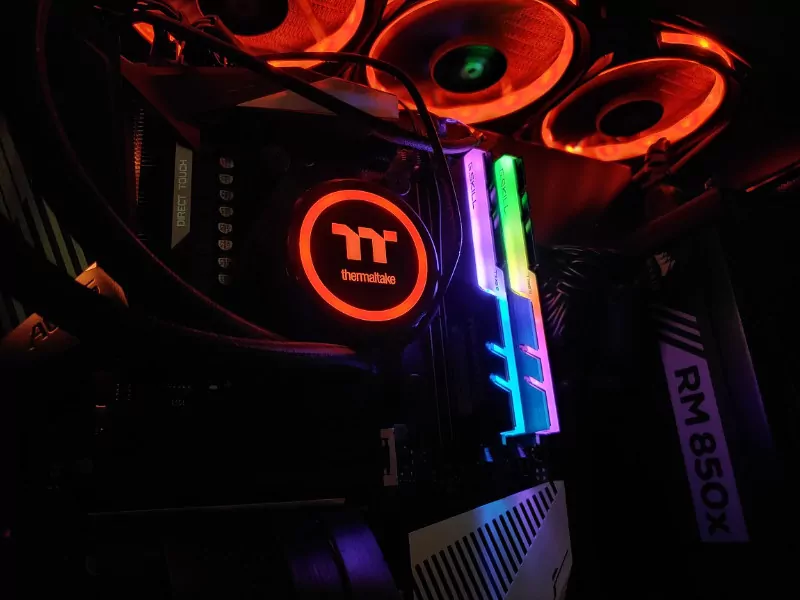 A shot of G-Skill Trident Z RGB memory modules glowing in my PC