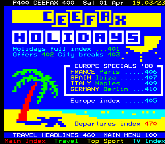 Screenshot of Ceefax Holidays on teletext.